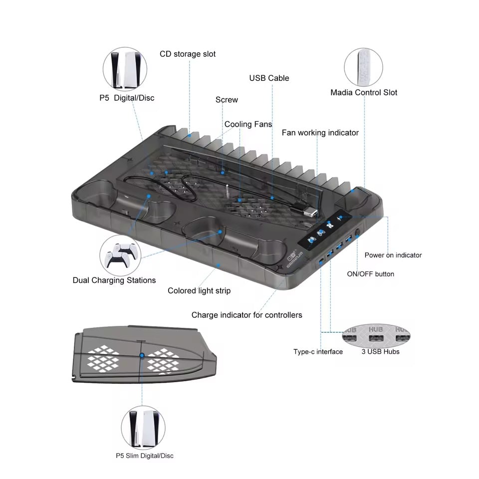 PS5 Slim Controller Charging Cooling Station